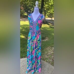 Lilly Pulitzer Blue and Pink Sleeveless V-Neck Maxi Sundress